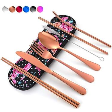 Imagem de Travel Utensils,Reusable Silverware Set To Go Portable Cutlery Set with a Waterproof Carrying Case for Lunch Boxes Workplace Camping School Picnic (FlowerCase/Rosegold)