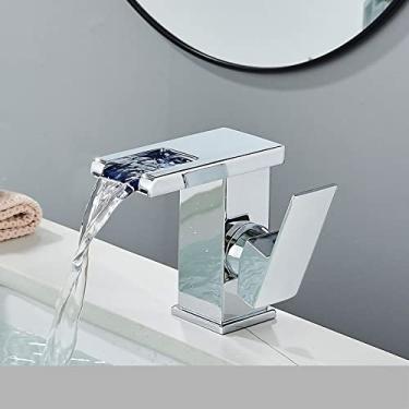 Imagem de Torneira de banheiro com cascata de LED preta, torneiras misturadoras de água quente e fria montadas no convés, mudança de três cores por fluxo de água, cromo A