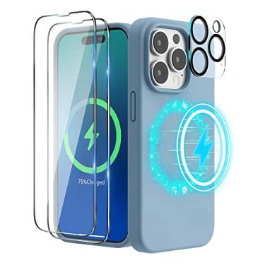 Imagem de SURPHY (Capa 4 em 1 projetada para iPhone 14 Pro compatível com MagSafe (6,1 polegadas, 2022), com 2 unidades de protetor de tela + capa de câmera, capa de telefone de silicone líquido (Blue Fog)