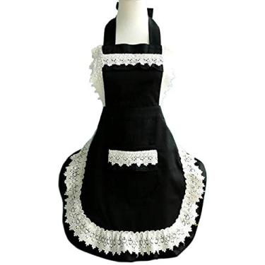Imagem de Avental ajustável de renda adorável para cozinha e cozinha com bolso para presente, Preto, One Size, 1