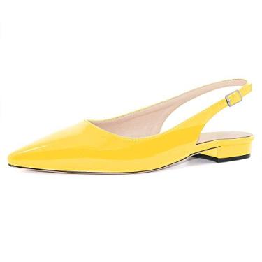 Imagem de Fericzot Sapatos femininos sensuais sandálias de bico fino salto baixo quadrado fivela Drees Flat Shoes Plus Size, Amarelo - patente, 9