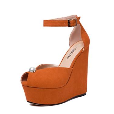 Imagem de WAYDERNS Sapato feminino de camurça peep toe casamento tira no tornozelo plataforma sexy fivela cunha salto alto sapatos 6 polegadas, Laranja, 11.5