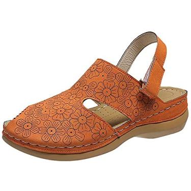 Imagem de Sandálias femininas de apoio de arco, sandálias femininas de dedo aberto, sandálias com plataforma confortável de verão, sandálias casuais lisas de couro floral, laranja, 42EU