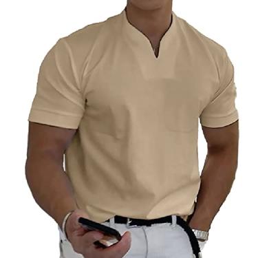 Imagem de Camiseta Masculina de Manga Curta para Academia, Bainha Solta, Macia e Respirável, Gola V, Verão, Punhos de Camada Dupla Com Bolso Conveniente para Bar e Praia (XL)