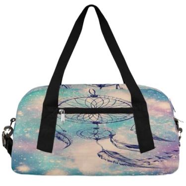 Imagem de Bolsa esportiva para crianças, apanhador de sonhos, bolsa esportiva de penas com fundo de céu estrelado, bolsa de ginástica, bolsa de viagem de fim de semana, bolsa de ginástica esportiva para meninos