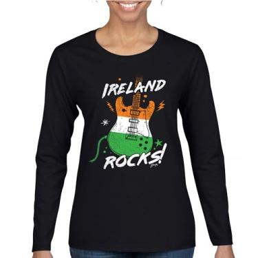 Imagem de Camiseta feminina manga longa com bandeira da guitarra do Dia de São Patrício Shamrock Groove Vibe Pub Celtic Rock and Roll cravo, Preto, M