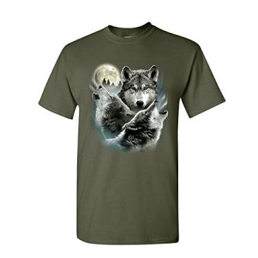 Imagem de Camiseta masculina Howling Wolf Pack Wild Wilderness Animals Nature Moon, Verde militar, M