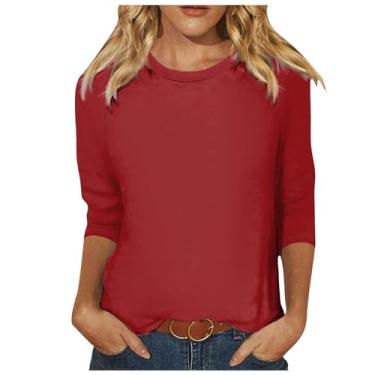 Imagem de Camisetas femininas de verão 2024, folgadas, gola redonda, casual, leve, cor sólida, confortáveis, fofas, camisetas de manga 3/4, Ofertas relâmpago vermelho, GG