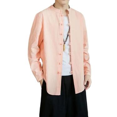 Imagem de Camisa estilo chinês masculina tradicional China Kungfu roupas vintage algodão linho camisas sólido terno top primavera, rosa, M