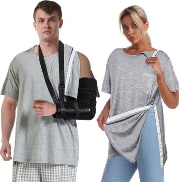 Imagem de Camisetas femininas pós-cirurgia de ombro unissex com encaixe para homens manga curta Chemo Port Access Adaptive Clothing, Cinza, M