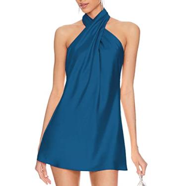 Imagem de BELONGSCI Vestido feminino de cetim de verão 2024 cruzado sem mangas frente única decote coquetel vestido mini, L3: Azul escuro, G