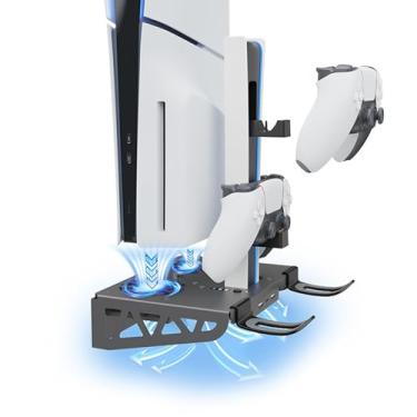 Imagem de Suporte de montagem em parede para PS5 / PS5 Slim com ventilador de resfriamento e estação de carregamento de controlador duplo, kit de suporte de parede em aço com luz RGB e 2 portas USB. (preto)