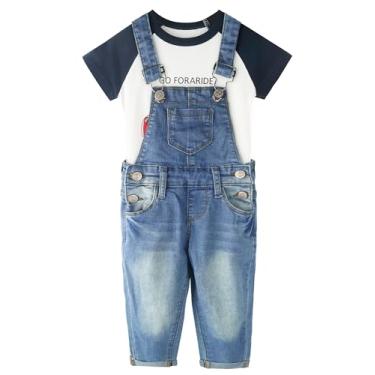 Imagem de CHUMHEY Conjunto de macacão para bebês e meninos, estampa gráfica de cachorrinho de carro, patchwork, algodão, verão, camiseta jeans, Branco e azul - 0139, 2-3T