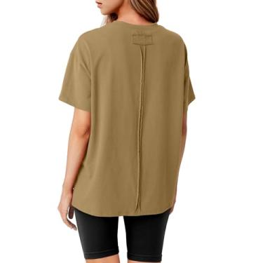 Imagem de Lepunuo Camisetas femininas grandes para o verão 2024 da moda algodão casual ajuste solto manga curta fenda lateral camisetas, Caqui, G
