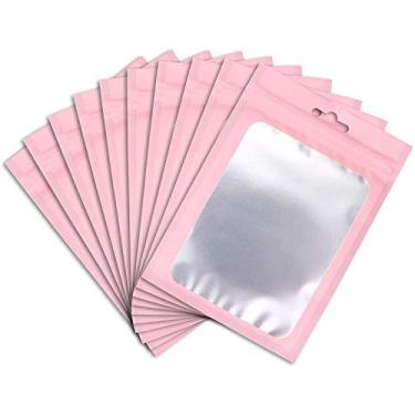 Imagem de XFXIA 100 unidades de sacos Mylar, sacos à prova de cheiro com janela transparente e Ziplock, bolsa de alumínio para doces e embalagens de brilho labial | plana|fofa| (rosa, 2,95 × 1,82 cm)