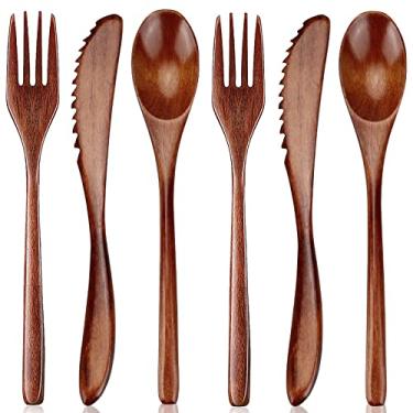 Imagem de Conjunto de talheres de garfo de colher de madeira de 6 peças, utensílios de viagem de 22,86 cm, incluindo faca de garfo de madeira, faca de acampamento, faca de colher reutilizável, Cutlery & Fork & Spoon