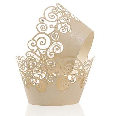 Imagem de Embalagem com 100 lenços de cupcake KPOSIYA Cupcake Wraps Filigrana Artistic Bake Paper Cup Little Vine Laser Cut Liner Baking Cups Holder Muffin Case Trays for Wedding Party Birthday Decoration, Bege, 100