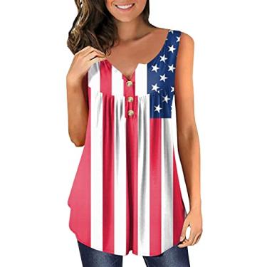 Imagem de Camiseta regata feminina Independence Day sem mangas, com botões, bandeira americana, listras, Vermelho, 3G