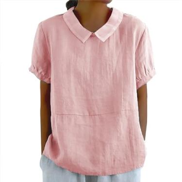 Imagem de Camisetas femininas de linho de algodão 2024 lapela manga curta blusas elegantes para trabalho casual confortável verão túnica tops, #1 - vermelho, 3G