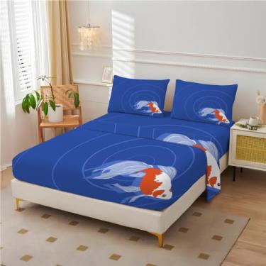 Imagem de Jogo de lençol casal Goldfish – Lençóis de cama azul, microfibra macia, bolso profundo e sem vincos 4 peças (lençol com elástico, lençol de cima, fronhas)