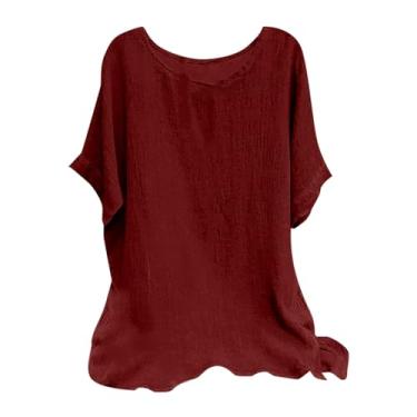 Imagem de Camiseta feminina de linho plus size, gola redonda, cor sólida, manga curta, túnica, casual, verão, saídas, Vermelho, 3G