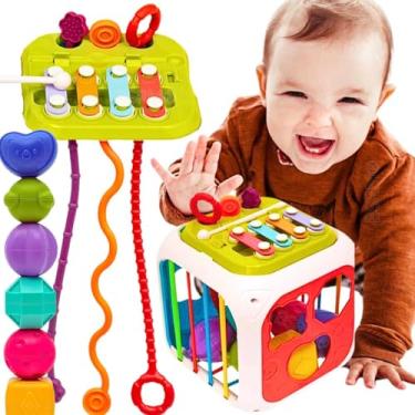 Imagem de Kit brinquedos educativos bebê 1 ano Cubo sensorial de atividades 7 em 1 didático desenvolvimento inicial pedagógico + chocalho monta e desmonta para bebes 12 meses selo inmetro