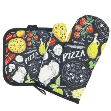 Imagem de Kit Luva Térmica + Pegador/Descanso de Panela Para Cozinha de Poliéster Para Manusear Panelas Travessas e Formas Quentes Estampada Para Forno Fogão e Churrasqueira de Segurança (Pizzaria)