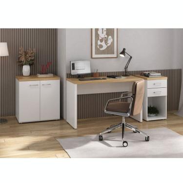 Imagem de Kit 3 Peças com Escrivaninha Minimalista, Balcão Multiuso 2 Portas e Gaveteiro Organizador Olmo/Branco