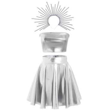 Imagem de IMEKIS Moon Costume Women: Metallic Silver Crop Top Skirt Stars Halo Greek Headband Space Outfit Dress Up Alien Halloween Costumes Adults Cosplay Accessories Set Rave Outfits Silver X-Large
