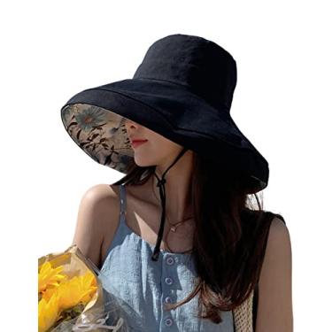 Imagem de KORADI Chapéus de sol femininos embaláveis, reversíveis, estampados, boho, aba larga, verão, praia, proteção solar UV, Preto, Tamanho Único