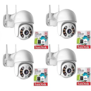 Imagem de Kit 4 Câmeras De Segurança Externa Wi-Fi à Prova D'Água, HD 1080p, Visão Noturna IR, 360 Graus + 4 Cartões De Memória 64 GB