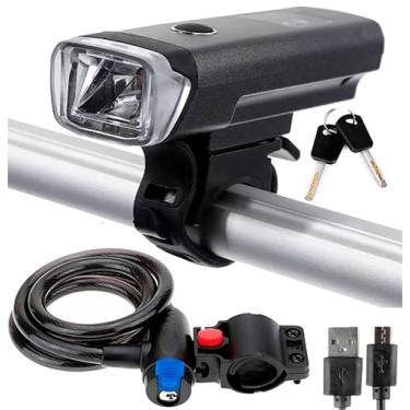 Imagem de Kit Bike Com Farol Dianteiro/Lanterna Bicicleta Com Sensor de Luz + Cadeado Corrente + Suporte Quadro + 2 Chaves