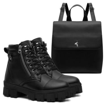 Imagem de Bota Preta Coturno Feminino Tratorada Zíper Lateral + Mochila - Rizzic