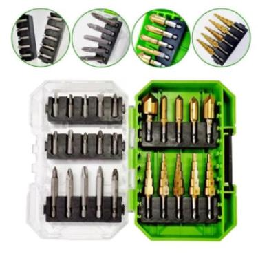 Imagem de Kit Broca Escareadora E Escalonada Titânio + Bits C/25 Peças - Ideia