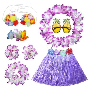 Imagem de PHOGARY Kit de acessórios para fantasia de saia Hula com 8 peças, vestido de festa luau para meninas, conjunto de saia dançante havaiana de 40 cm, Roxa, One Size