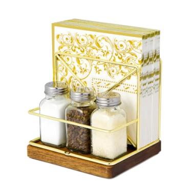 Imagem de Porta-guardanapos para mesa, saleiro e pimenteiro, guardanapos de papel, decoração de mesa de jantar, base de madeira e metal, dourado