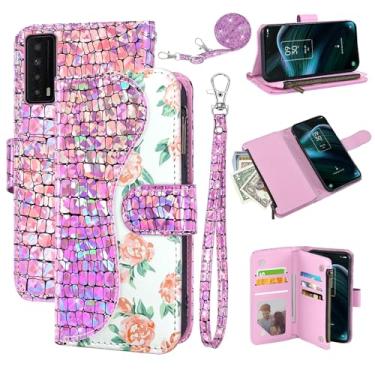Imagem de Dibosom Capa carteira floral para TCL Stylus 5G 2022 com alça de pulso alça de ombro flip zíper bolsa porta-cartão, capa de telefone de luxo PU com glitter brilhante para TLC Stylo G5 6.81 T779W rosa