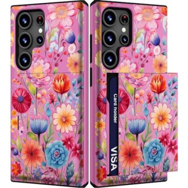 Imagem de IWONE Capa fofa com porta-cartão para S24 Ultra/à prova de choque fina com slot carteira para celular para mulheres compatível com Samsung Galaxy S24 Ultra/flor rosa floral padrão abstrato artístico