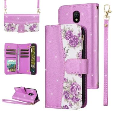 Imagem de Furiet Capa carteira floral para Nokia C100 4G LTE N152DL com zíper e alça de ombro, capa de telefone com suporte de cartão de couro PU com glitter de luxo para C 100 100C 5.45 2022 TA1484 roxa