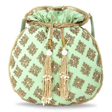 Imagem de Aheli Bolsa Potli bordada de presente para mulheres, bolsa étnica feita à mão, bolsas noturnas, estilosa, bolsa clutch fashion, Verde menta