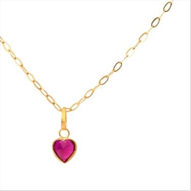 Imagem de Cordão Feminino Bailarina Ouro 18 K 750 45cm Pingente Coração Rosa Esc