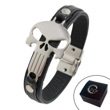 Imagem de Pulseira de Couro Masculina Magnética Caveira Justiceiro - GRANADO ACE
