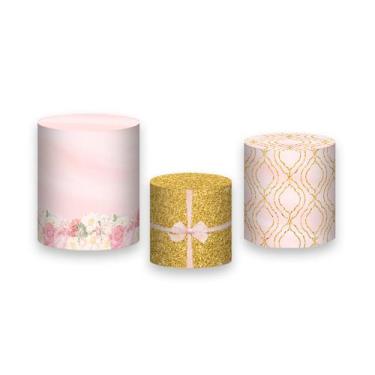 Imagem de Trio De Capa Cilindro - Realeza Capitonê Rosa Laço Dourado 022 - Via C