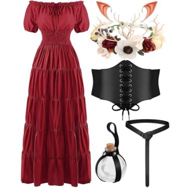 Imagem de VillbeCoser Fantasia renascentista feminina, vestido de fada medieval, espartilho, orelhas de elfo, cinto de guirlanda, frascos de poção, camponês, Dia das Bruxas, Vermelho, XX-Large