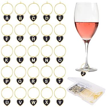 Imagem de KMOSPAD 30 peças de pingentes de taça de vinho, brincos de argola de miçangas com 26 peças de pingentes de esmalte preto da letra A a Z, marcadores de bebida para taças de vinho, coquetel, festa de