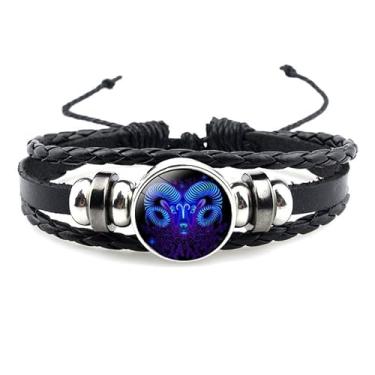 Imagem de ANGLEQUEEN Pulseira de constelação do zodíaco, 12 constelações, signos do zodíaco, guardião, pulseira de couro preto fluorescente para mulheres e homens joias, adjustable, Liga metálica, Sem Pedra