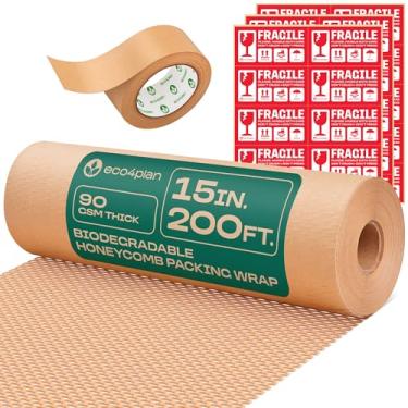 Imagem de eco4plan Papel de embalagem de favo de mel | Embalagem extra grossa de 90 g/m2 | Materiais de embalagem biodegradáveis: papel móvel de 38 cm x 500 m + fita adesiva de celulose de 195' + 30 adesivos
