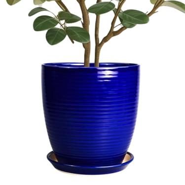 Imagem de EPFamily Vaso de cerâmica - Vaso de 25 cm para interior com orifício de drenagem e pires, vaso redondo, grande, moderno, decorativo, vaso, jardim, azul,