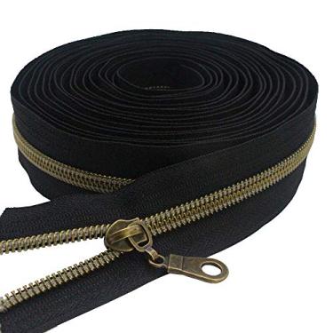 Imagem de MebuZip #5 Zíperes de bobina de nylon metálico de latão antigo da The Yard Bulk rolo de zíper 10 jardas com 20 peças de lâminas de latão antigo para sacos de artesanato de costura personalizadas, Antique Brass Black, 1