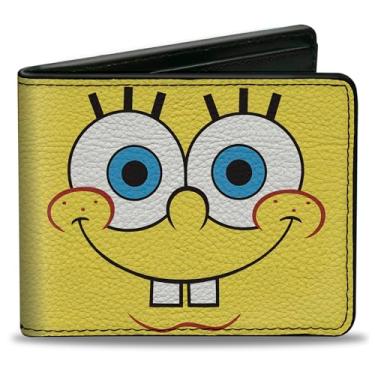 Imagem de Buckle-Down Carteira Bob Esponja Calça Quadrada, Dobrável, Personagem Bob Esponja Close-Up Rosto e Cracas Abacaxi, Couro Vegano, Amarelo, 4.0" x 3.5", Casual